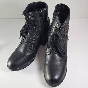 Rue21 Black Faux Leather Lace Up Side Zip Buckle Heel Combat Boot Women Size 8